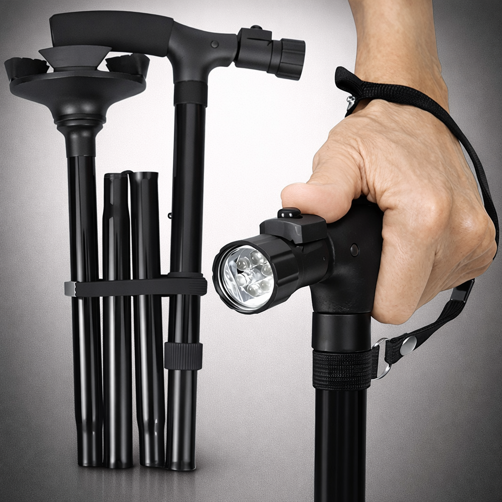 عصا مشي طبية قابلة للطي مع ضوء LED